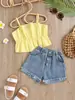 Popular 2022 roupas infantis top regata plissado tridimensional shorts jeans lavados escovados para meninas e crianças conjunto