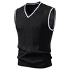 Colete de Tricô com Trançado e Acabamento Contrastante de Gola V Masculino para Outono e Inverno, Camada Casual, Suéter Colete Sem Mangas Multicolor