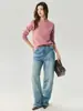 Suéter tejido simple y básico 75% cachemira, 25% seda de morera para mujer, cuello redondo, hilo floral, adelgazante, adecuado para el trabajo o uso casual