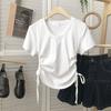 Playera de Manga Corta con Dobladillo Arqueado Plisado para Mujer Verano 2024 Estilo Coreano Versátil Ajustada Corta Top de Estilo Coreano a la Moda