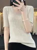 Camiseta de punto fina de manga corta para mujer, color liso a rayas, cuello en U, lana peinada, capa base, manga media, adelgazante, para ir al trabajo, primavera y verano