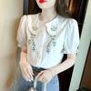 Camisa de Algodón Puro con Cuello Peter Pan Bordado para Mujer, Elegante Todo Algodón 2026 Verano Nueva Moda Top Holgado y Fresco