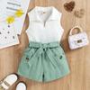 Amazon temu Conjunto de Pantalón de Verano para Niña Nuevo Top sin Mangas con Cuello Polo, Shorts y Cinturón