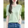 Camiseta de Punto de Manga Corta Primavera/Verano Nueva de Hilo Fino Lista para Usar Cuello Redondo, Camiseta Base Delgada, Color Sólido, En Stock al por Mayor