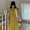 Vestido casual de algodón y lino coreano con múltiples bolsillos y abertura