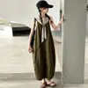 Conjunto de Ropa de Verano para Niñas 2026 Nuevo Casual Estilo Coreano Verde Militar Conjunto de Falda con Tirantes para Niños Mayores Ropa Infantil Transfronteriza