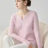 Nuevo estilo, suéter de punto de cachemira con cuello en V (corte tijera) para mujer, estilo coreano, adecuado para figuras petite, corte ajustado, y presenta una abertura y mangas largas, perfecto para otoño