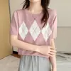26 Item Quente de Verão 100% Algodão Tricô Gola Redonda Manga Curta Padrão Diamante Color Block Camiseta Estilo Coreano Top da Moda para Mulheres