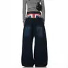 Jeans reto com estampa de bandeira patchwork lavada e desgastada estilo de rua americano, calças vintage largas e soltas estilo retrô masculinas