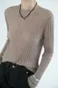 Lentejuelas Finas BrillantesSuéter de punto redondo con patrón de ondas de lana soluble en agua ultra fino de 100 hilos para mujer, camiseta básica de principios de otoño