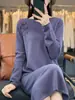 Vestido de punto 100% lana con cuello redondo para mujer, Otoño e Invierno, Nuevo, Holgado, Adelgazante, Vestido suéter, Falda base larga de línea A