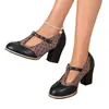 Salto Alto Feminino Estilo Britânico Retrô Patchwork Salto Bloco Salto Alto Tira em T Tira no Tornozelo Comércio Exterior Sapatos Femininos de Salto Alto