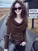 Talla Extra Top de Punto Delgado de Manga Larga con Cuello Drapeado Francés para Mujer Otoño Nuevo Estilo Único Hermoso Bien Hecho
