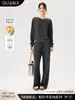 Conjunto Feminino Gola Redonda Top Calça Outono Inverno Novo Calça de Manga Longa Casual Gola Dupla Combinando Cores Falso Conjunto de Duas Peças
