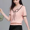 2025 Moderna Dulce Puro Deseo Color Contrastante Cuello en V Con Cordones Hombro Derecho Manga Corta Camiseta Verano Sexy Aspecto Adelgazante Top