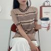 Suéter de Punto de Seda Helada a Rayas de Cuello Redondo Nuevo de Verano 2022 para Mujer, Camiseta de Manga Corta Calada, Top Básico Ajustado
