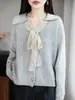 Cuello de encaje con delicada corbata y lazo ajustable, manga larga, ligero y cómodo, top para mujer para primavera y otoño, ideal para ir al trabajo.