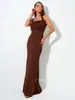 Moda Femenina Europea y Americana Primavera/Verano 2025 Transfronterizo Nuevo Vestido Sexy Ajustado sin Espalda Vestido de Color Sólido con Abertura para Mujer