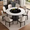 Mesa de Comedor Redonda de Madera Maciza con Pizarra, Calentador Giratorio Eléctrico Integrado, Placa de Inducción Multifunción, Mesa Redonda Pequeña para el Hogar