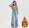 Jeans de pierna ancha holgados de forro polar grueso transfronterizos para mujer, pantalones rectos estrechos de cintura alta forrados de forro polar de invierno para cuerpo tipo pera