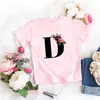 Camiseta rosa niña letra flor linda estilo ins dulce top manga corta creativa verano 2022 transfronterizo