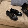 Casa da Uva Versão em Couro de Vaca ~ Aumento de Altura de Outono de 5cm ~ Salto Grosso Bico Aberto com Pedrarias Luxuosos Mocassins Pequenos de Moeda de Ouro Sapatos Pequenos de Couro