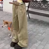 Calça Jeans Cargo Khaki de Perna Larga para Mulheres Design Novo de Primavera Cintura Alta Solta Modeladora Reta Casual