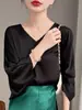 Top de Satén Suave y Fluido con Siete Mangas, Refrescante y Crujiente, de Cuello en V, Corte Básico Adelgazante, Estilo Perezoso Diario para Primavera-Verano