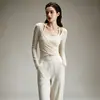 Conjunto de Yoga Adelgazante para Mujer Malla Cubre-todo Camisola Pantalones de Pierna Ancha con Drapado de Cintura Alta Ropa de Abrigo para Entrenamiento Físico Conjunto de Dos Piezas Otoño