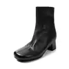 Botas femininas curtas feitas de couro bovino de primeira qualidade com saltos grossos, de altura média, novo estilo outono e inverno, bico quadrado, zíper lateral, acabamento lavado desgastado