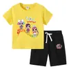 2023 Camiseta infantil verão novo comércio exterior roupas infantis em algodão coreano calças de manga curta infantil terno de duas peças