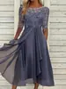 Amazon Verão Transfronteiriço Europeu e Americano 2026 Novo Vestido de Gola Redonda com Renda Vazada em Chiffon Vestido de Festa para Mulheres