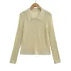 Camisa polo de punto acanalado estilo coreano T400-26 Otoño con diseño calado, manga larga y silueta ajustada para mujer