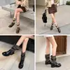 Botas de Moda con Punta Redonda, Patchwork y Tacón Grueso para Mujer 2026 Otoño/Invierno Estilo Nuevo Hebilla Versátil Estilizadoras Botines Fruncidos Botas de Jinete