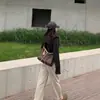 Chegada Nova da Primavera Estilo Americano cáqui Calça Jeans Reta Estreita Dobrável Feminina Cintura Alta Solta Emagrecimento Calça de Perna Larga