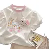 Camiseta de verano de algodón puro estilo coreano para niñas con estampado 3D de gato KT, elegante diseño de cuello redondo, nuevo top dulce para bebés