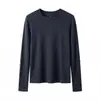 Nova camiseta fina de lã lyocell com ombros retos, gola redonda, corte slim e mangas compridas para primavera-outono feminina