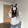 Moletom com capuz estilo americano com orelhas de Doberman e rebites para mulheres, outono e inverno, caimento solto, design doce e cool, jaqueta curta cardigã