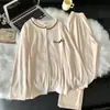 Pijama Estilo Coreano para Mulheres, Cardigan de Renda Casual com Gola Redonda, Mangas Longas e Calça, Conjunto Estilo Girly, Conjunto de Algodão para Casa