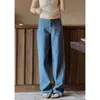 5521 # Lin Mu Mu [Denim de Moda] mismo canal original jeans de pierna recta con cordón de cintura baja pantalón azul