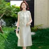Novo Estilo Chinês Vestido para Mãe Conjunto de Roupa de Verão Novo Estilo Chinês Conjunto de Duas Peças Blusa Top de Chiffon para Mulheres de Meia-Idade e Idosas