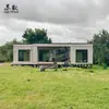Nueva villa de casa de madera con estructura de acero, villa prefabricada para invitados, edificio residencial, blanco con grandes ventanales, estilo minimalista moderno
