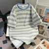 Camiseta de Manga Corta a Rayas para Mujer con Diseño de Moda Europeo, Nuevo Estilo de Verano, Moderna, Casual, Sencilla, Holgada, Top de Cuello Redondo