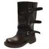 Botas largas de estilo coreano con hebilla para mujer, nueva colección otoño/invierno 2026, efecto adelgazante, tacón bajo, punta redonda, marrón, estilo británico