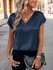 Camiseta de Satén para Mujer Primavera y Verano Amazon Nuevo Color Sólido Europeo y Americano Negocios Cuello en V Casual Suéter Superior para Mujer