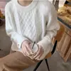 2025 Nova Malha Mesclada de Caxemira Feminina Gola Redonda Suéter Cor Pura Solto Padrão Torcido Versátil Manga Longa Camiseta Básica