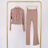 Conjunto Lulu Df de Jaqueta Curta com Capuz e Calça Flare, Roupa de Fitness Yoga Elástica Respirável Justa com Capuz