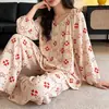 2026 Novo Pijama de Algodão e Seda Estilo Preguiçoso para Mulheres Conjunto de Pijama Pulôver Fino de Manga Curta Estilo Chinês Roupa de Casa Solta