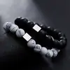 Pulsera Geométrica Cuadrada de Piedra Volcánica Transfronteriza con Agrietado para Hombre, Nuevo Estilo Chino de Moda Versátil Diseño Personalizado Pulsera