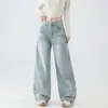 Jeans americano retro lavado de perna larga para mulheres petite, design de outono com bordado e pregas, calça solta de comprimento total